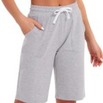 PULI Women's Cotton Sweat Shorts with Pockets 10" Athletic Lounge Sports Workout Bermuda Knee Shorts