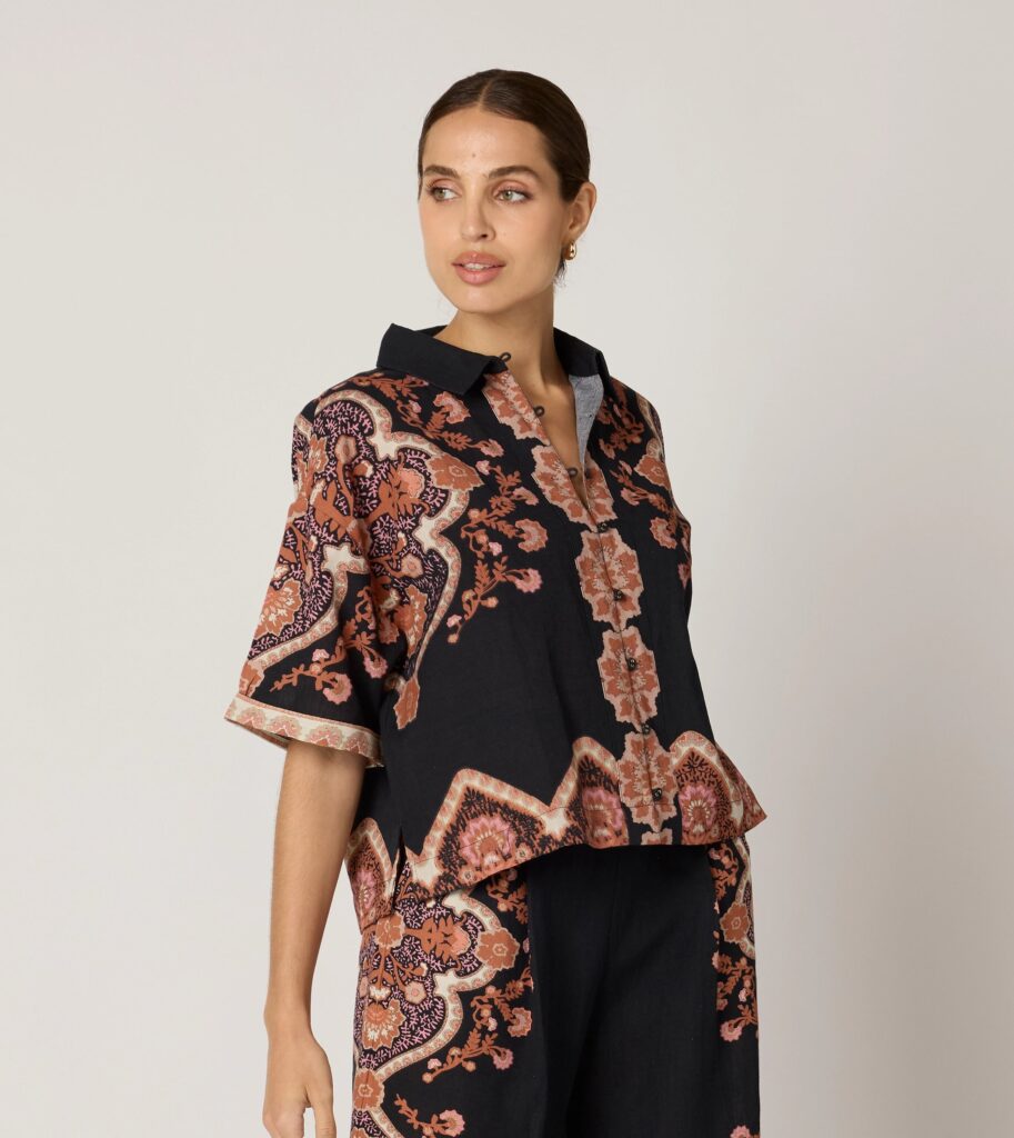 Cleobella Jeni Blouse Dark Lagos Organic Cotton Linen Boxy Cropped