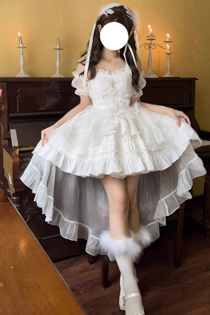 White Sleeveless Sweet Lolita Multi-layer Ruffle Bowknot Dress